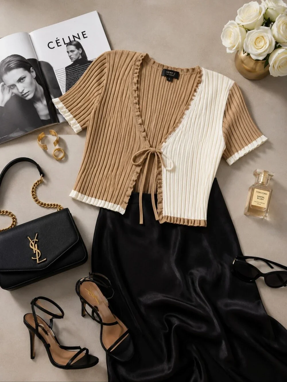 Tie-Front Rib Knit Cardigan | Cream Tan Ruffle Trim | L |Like New - Picture 5 of 10